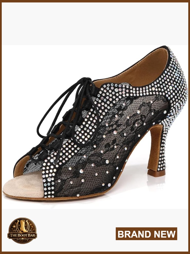 Rhinestone Dance Shoes Ankle Boots Lace Up Open Toe Ballroom Latin Tango